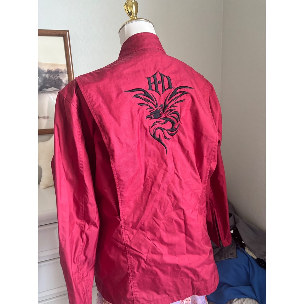 Harley Davidson Biker Jacket Red Nylon Tribal Eagle Moto Embroidered Vintage L